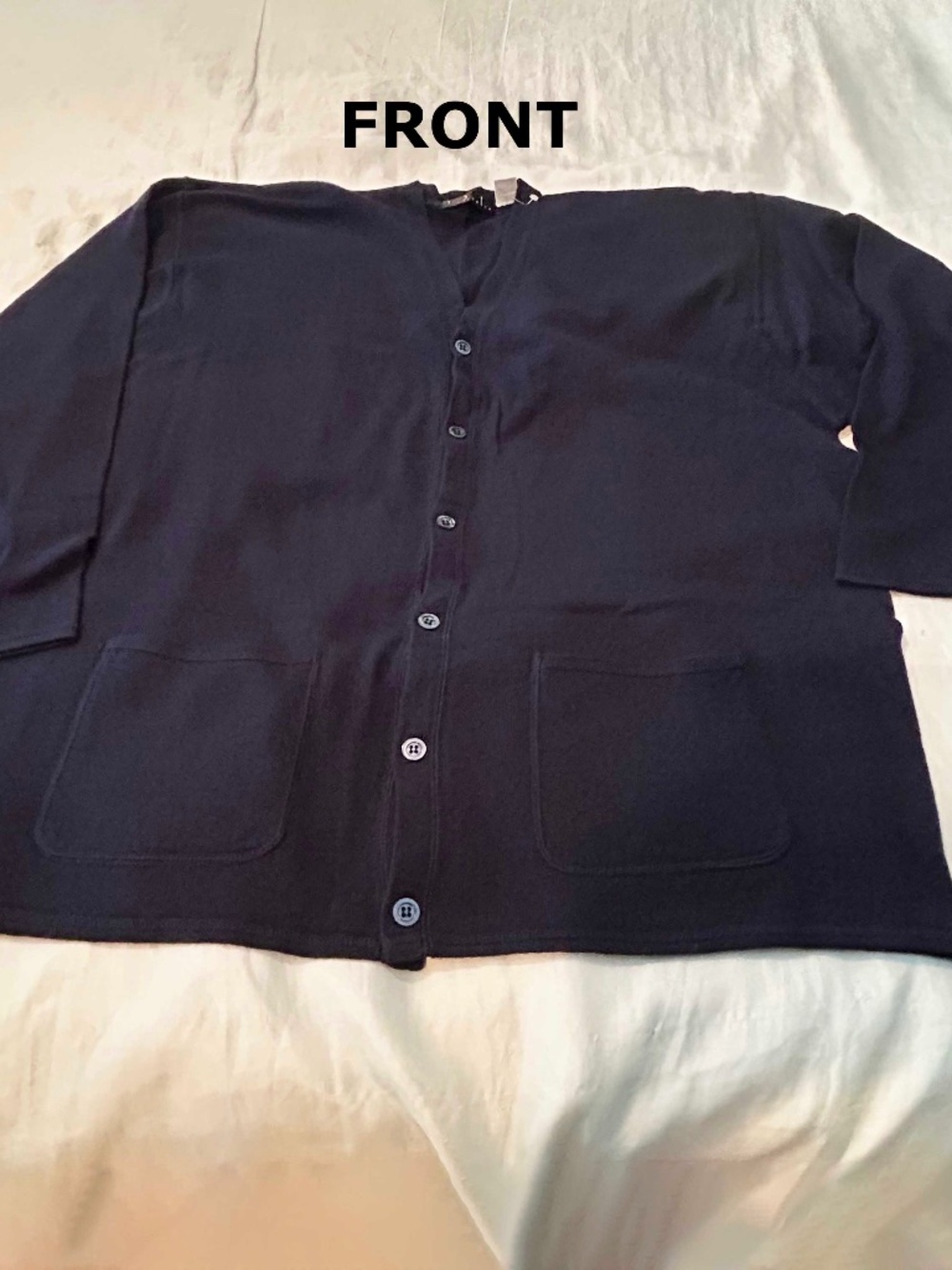 CARDIGAN, 45% CASHMERE & SILK, SIZE XL, NAVY, OPEN NECKLINE, MOTHER OF PEARL
